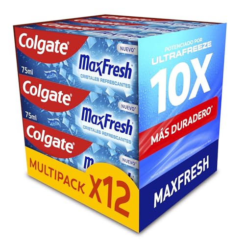 COLGATE - Pasta de Dientes Colgate Max White Cristales Refrescantes Pack 12 x 75 ml - Sabor Menta - Dentífrico con Flúor - Sensación de Frescor Instantáneo y 10 veces más Duradero