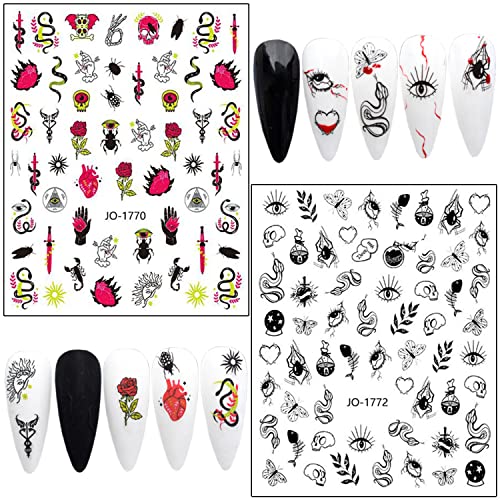 Snake And Flowers Nail Art Stickers, Holographic 3D Flower Nail Self-Adhesive Sticker Design, Serpent Floral Leaf Butterfly Nail Transfer Decals For Women Manicure Art Decorations, Resin Nail Decal #TOP5