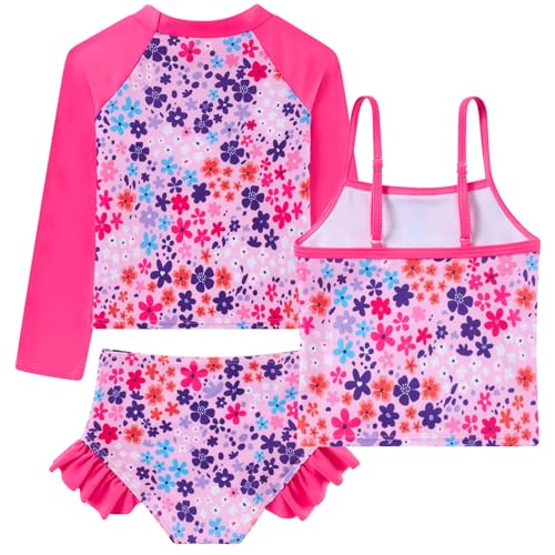 Image of Funnycokid Girls Swimsuit 3 Pieces Long Sleeve Rash Guard Set Tankini Bathing Suits Summer Kids Swimwear 3-10 Years