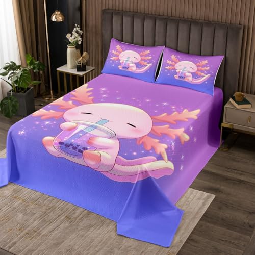 jejeloiu Cartoon Salamander Bedspread for Kids Boys Girls Cute Axolotl Coverlet Set Twin Size Kawaii Ocean Sealife Quilted Coverlet Reptile Animal Bedroom Decor Breathable Soft Lightweight