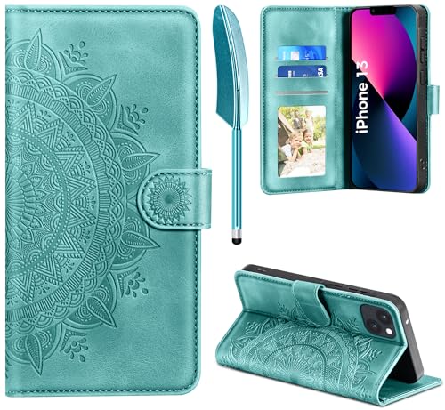 EASDNB Lederhülle für iPhone 13 Hülle Handyhülle für iPhone 13 Flip Wallet PU Leder Case [Kartenfach] [Magnet] [Ständer] Prägung Klapphülle Schutzhülle für iPhone 13 Grün