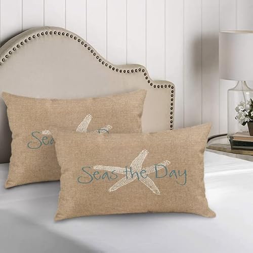 Emvency Linen Throw Pillow Cover Seas Day Vintage Beach Starfish Canvas Look Decorative Pillow Case Whimsical Home Decor Rectangle Queen Size 20X26 Inch Cushion Pillowcase #TOP5