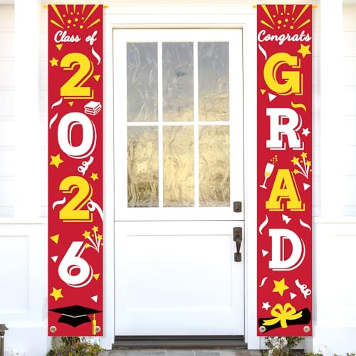 Image of Graduation Porch Banner Class Sign Congrats Grad Hanging Flags High School College University Party Decoration For Front Door Outdoor Red Gold