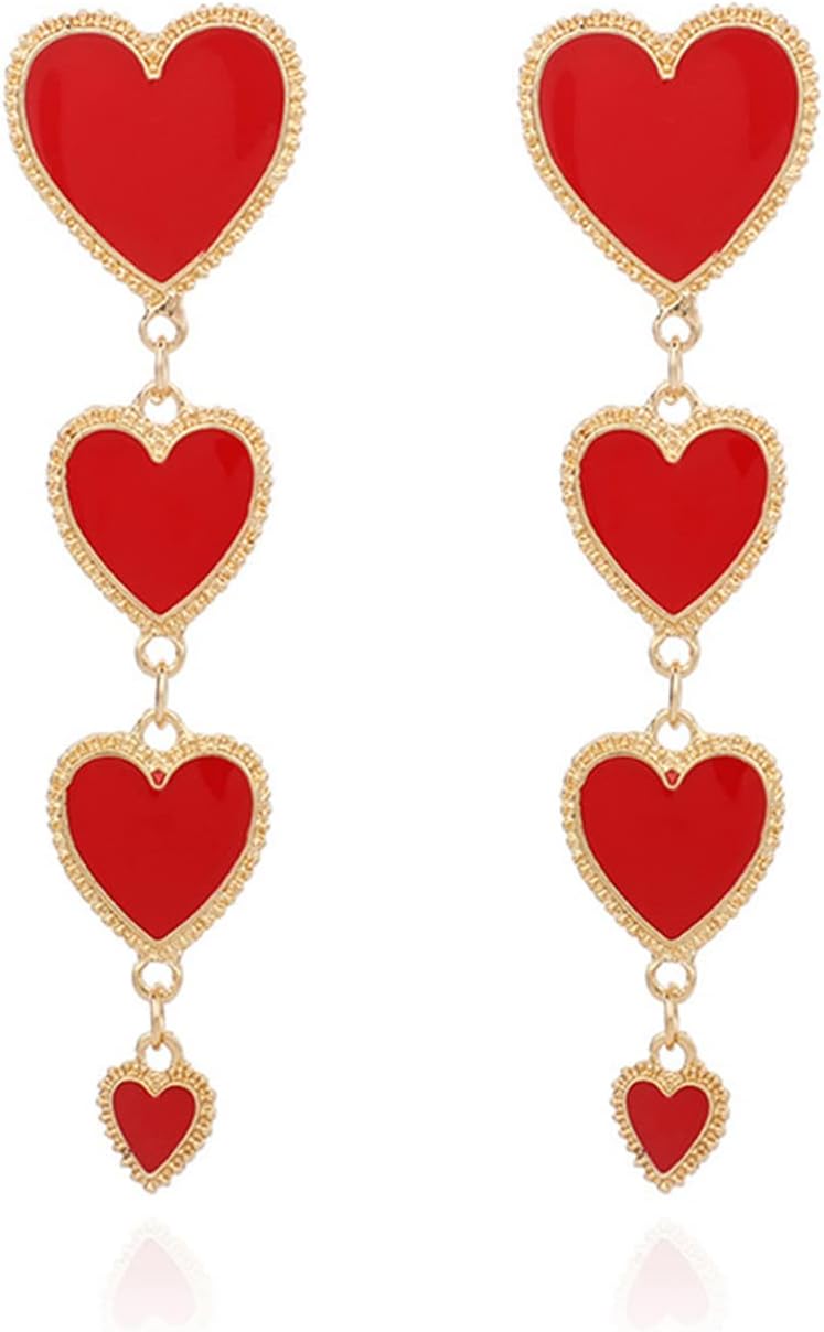 QUPENGXU Delicate Red Love Heart Valentines Day Earrings Unique Long Drop Dangle Earrings For Women