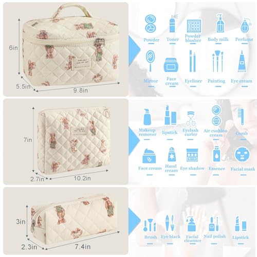 3 Pcs Cotton Quilted Makeup Bag Set, Floral Cotton Cosmetic Bag, Aesthetic Toiletry Travel Organizer Bag for Women Girls (Bear)4