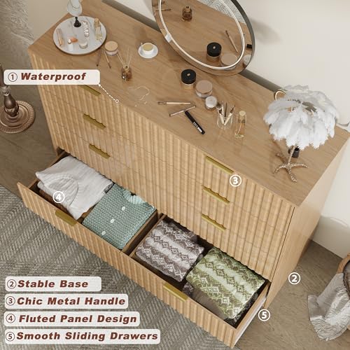 Image of Fluted 8 Drawer Dresser for Bedroom, 55 inch Wide Modern Wooden Chest of Drawers with Metal Handles, TV Stand & Closet Storage Organizer for Living Room,Hallway, Natural Wood