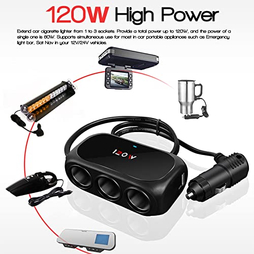 3-Socket Car Cigarette Lighter Splitter Adapter, 2 Usb Splitter Extender [120W] [12V/24V] [3.1A Dual Usb Car Charger] [Black] For Device With Emergency Warning Light #TOP3