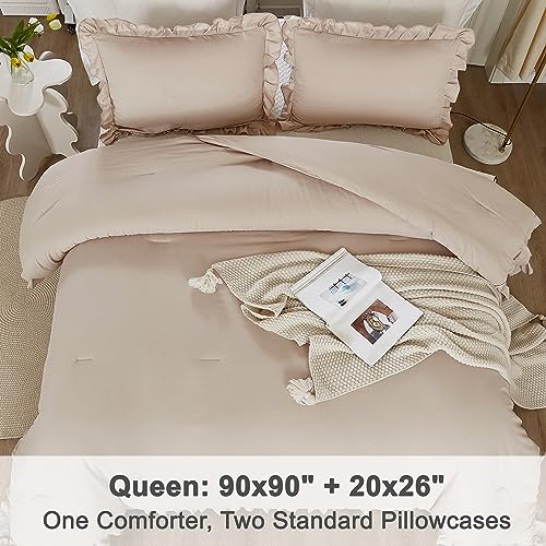 Image of Litanika Queen Comforter Set Khaki, 3 Pieces Ruffle Farmhouse Aesthetic Bedding Comforter Set, Lightweight Fluffy Microfiber Bed Set (90x90In Comforter, 2 Pillowcases)