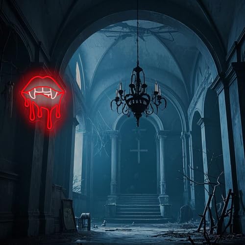 Image of Vampire Fangs Neon Sign, Red Lips LED Light for Halloween Wall Decor, Horror Gothic Neon Sign for Bedroom, Bar, Vampire Theme Party Decorations