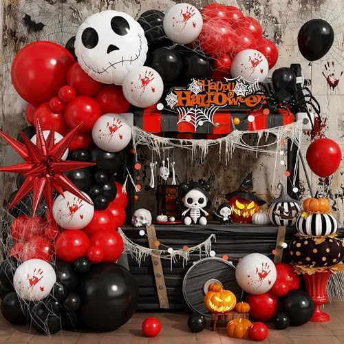 Image of Halloween Balloon Arch Kit Bloody Balloons Garland Black and Red Balloon with Skull Face Explosion Star Foil Balloon for Nightmare Horror Theme Birthday Spooky Vampire Skeleton Cat Party Decorations