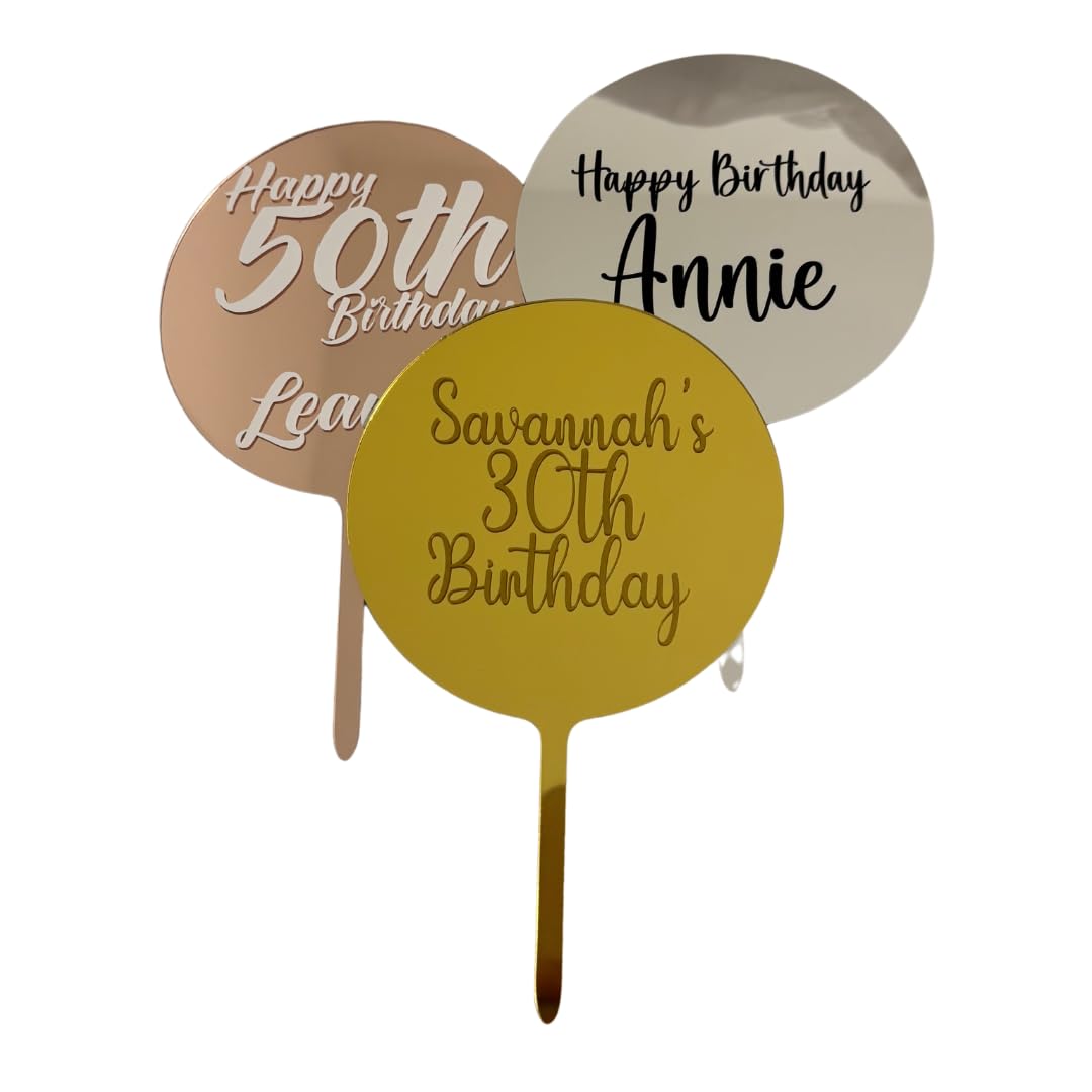 Personalised Luxury Mirrored Cake Topper - Gold, Silver, Rose Gold Acrylic Circle. Any Occasion, Age or Text. 1st Birthday - 21st - 18th - 80th - Baby Shower - Anniversary - Wedding - Retirement