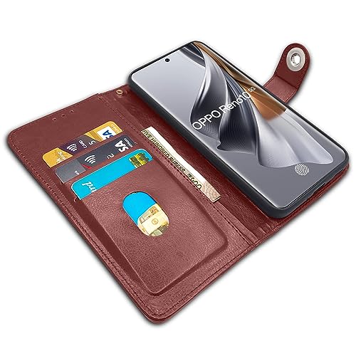 Image of Pikkme Oppo Reno 10 5G Flip Cover Leather Finish | Inside TPU with Card Pockets | Wallet Stand and Shock Proof | Complete Protection Button Flip Case (Brown)