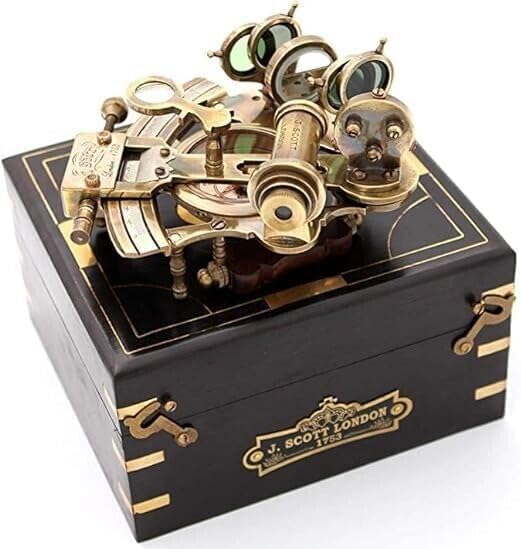 Nautical Sextant German J Scott London Sextant with Hardwood Box Marine Instrument Celestial Telescope with Two bouble Sighting Compass