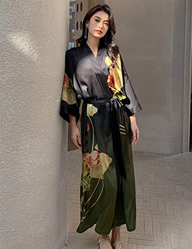 Women's Long Silk Robes Long Satin Robes Long Kimono Robes Floral Silky Bathrobes Dressing Gown, One Size3