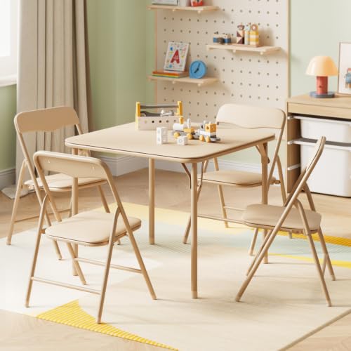 Image of JOYMOR Kids Folding Table and Chairs Set, 5-Piece Metal Frame Activity Set with Easy-Fold Design for Playroom & Classroom, Beige