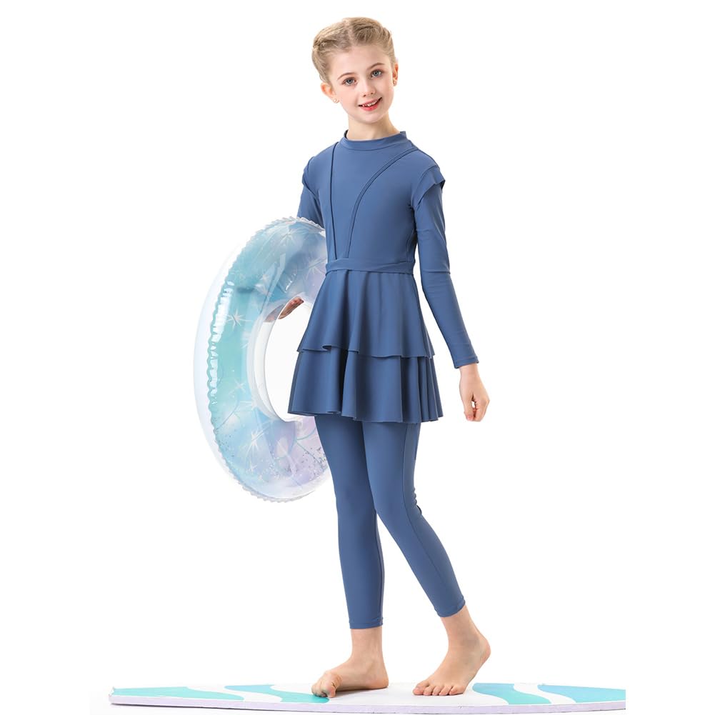 IMEKIS Maillot de bain 3 pièces pour fille musulmane à manches longues avec hijab couverture complète rashguard tankini à volants pour l'été