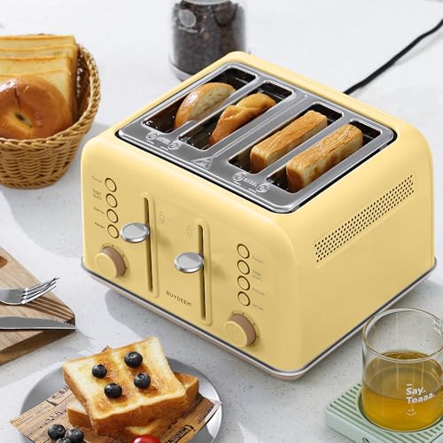 Image of BUYDEEM DT640 Retro 4 Slice Toaster, 7 Shade Settings, Extra Wide 1.5'' Slots, Stainless Steel Toaster with Bagel Muffin Defrost Reheat Function, Yellow
