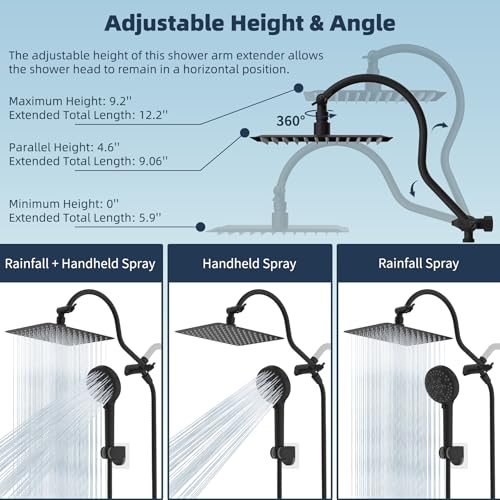 Hibbent All Metal High Pressure Rainfall 10 Inch Shower Head/Handheld Showerhead Combo/ 12 Inch Adjustable Curved Shower Extension Arm, 10-Spray, 71-inch Hose, Adhesive Showerhead Holder, Matte Black - Image 6