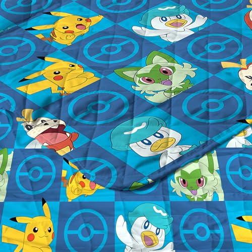 Image of Pokemon Power Squares Full /Queen Quilted Throw Blanket Adults Boys Girls, Soft Lightweight Bedding for Bed, or Couch, 90 x 90 inches