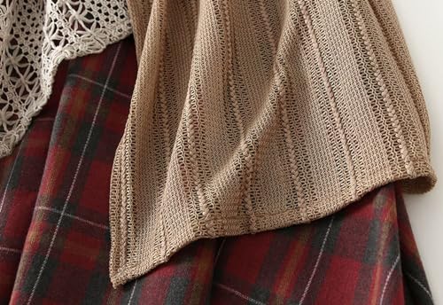 Womens Plaid A-Line Skirt Irregular Lace Patchwork Skirts Elastic High Waist Pleated Skirt Asymmetrical Midi Skirts4