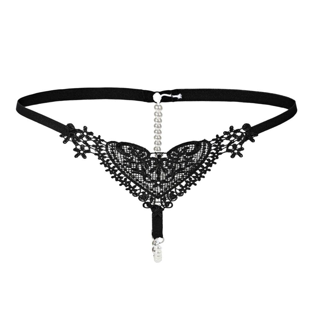 nivaa Womens Thin Lacy Pearls Hollowed Out Sexy Thong G-String Panties Black-picture-40