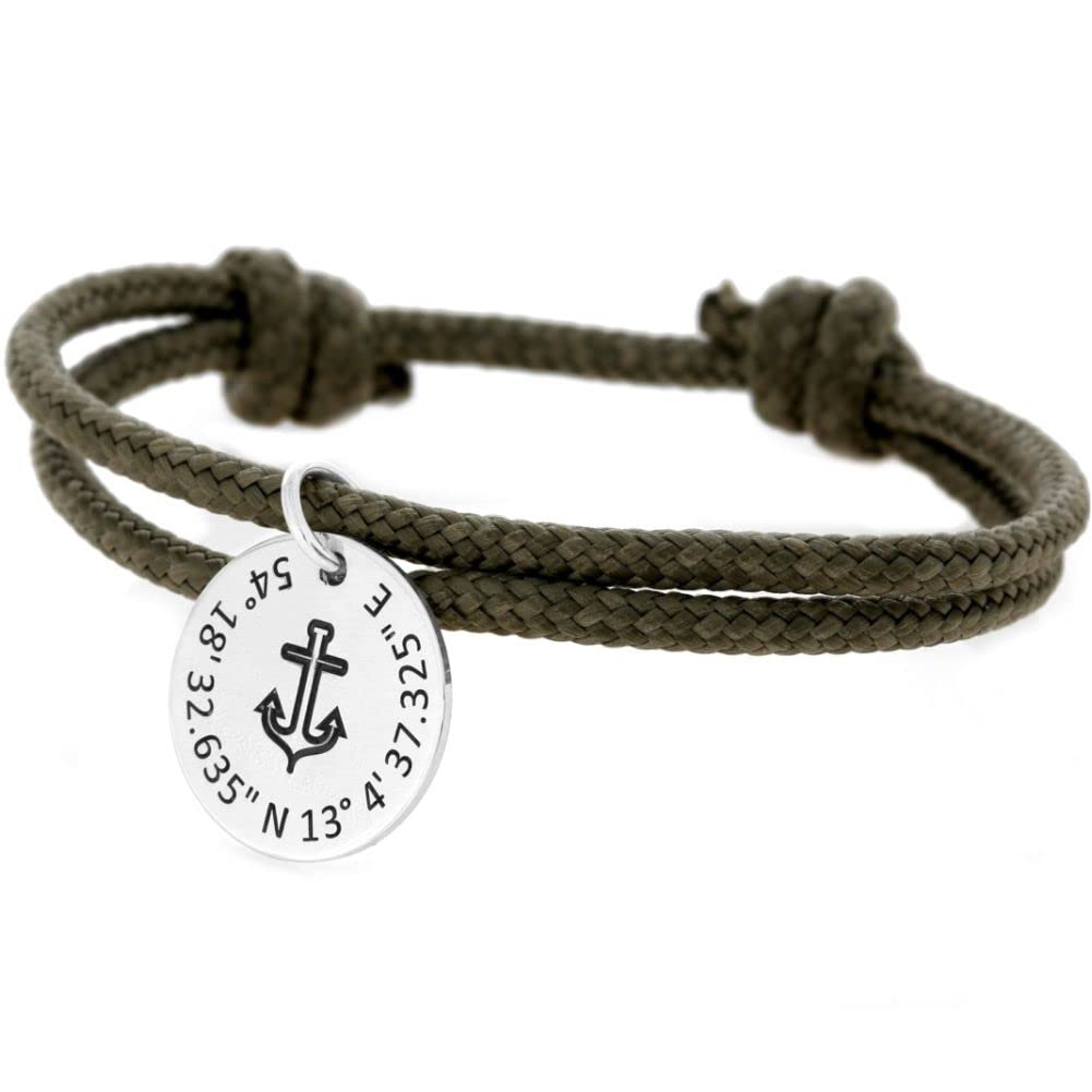 Surfer Armband mit Gravur Anhänger khaki Anker Motiv
