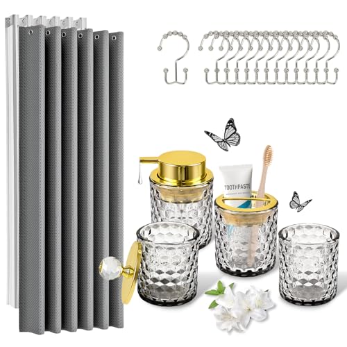 Black Bathroom Accessories set, 5Pcs Olive Glass Bathroom Decor Accessory Sets Complete, Lotion Soap Dispenser, Shower Curtain, Toothbrush Holder, Tumbler & Cotton Jars, Bathroomware for Decor in Home