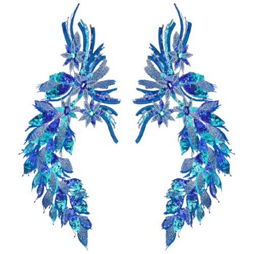 MAYJOYDIY 2 Pcs 3D Fleur Broderie Dentelle Applique Bleue Paillette Garniture Brodée Patchs Col Garniture Motif Floral Tissu Artisanat Patchs pour Robe de...