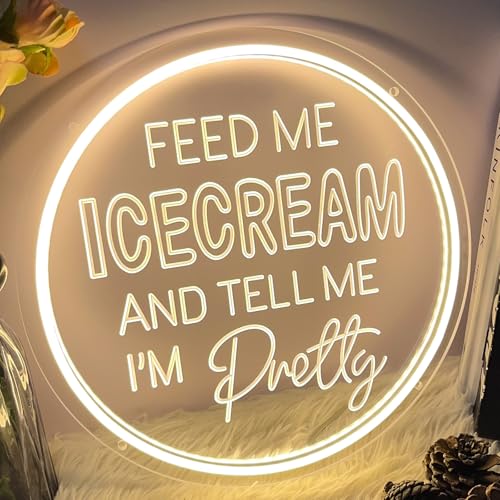 Image of Neon Sign Feed Me Icecream & Tell Me I'm Pretty Wall Decor 3D Art Carving Design Indoor Bedroom Led Neon Sign Backdrop Flex Christmas Business Room Shop Window Birthday Gift(Warm White,USB,30x30CM)