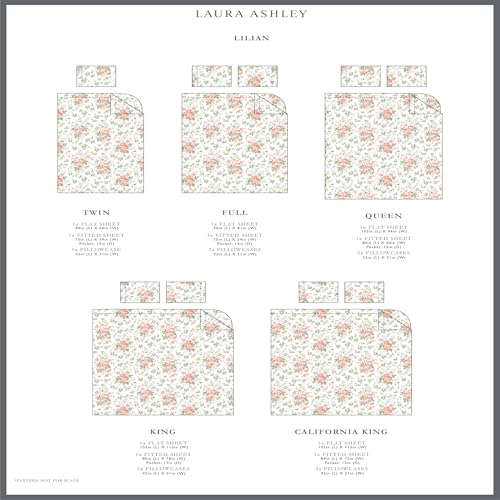 Image of Laura Ashley - Queen Size Sheet Set, Soft Cotton Sateen Bedding with Matching Pillowcases, Fully Elastic Fitted Sheet, Deep Pocket, Floral Room Decor, Silky Smooth All-Season Comfort (Lilian Coral)