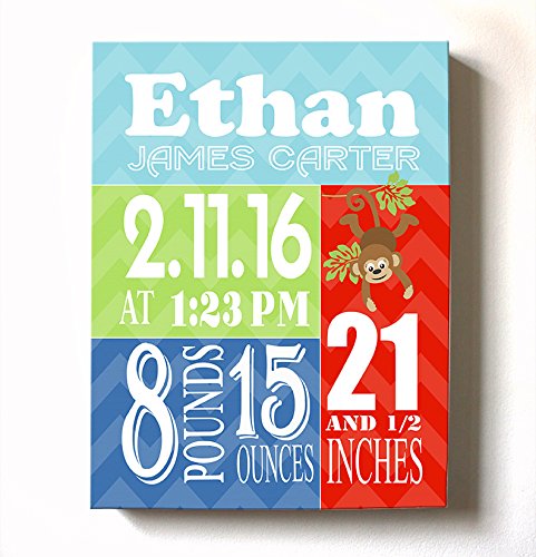 Personalized Stretched Canvas Birth Announcement Gift, Custom Baby Name, Date, Weight Stats, Newborn Nursery Monkey Wall Art Decor, Wooden Frame Construction, Ready to Hang 11X14