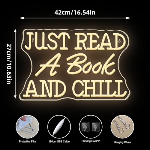 Image of Just Read a Book and Chill White LED Neon Lights Wall Decor LED Sign with Dimmable Switch Neon Light Up Sign for Classroom Bookstore Library Study Room Reading Party