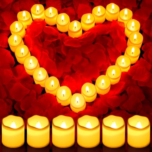 cridoz Rose Petals and Candles Set 3000 Fake Rose Pedals and 24 Flameless Candles for Romantic Night Decorations