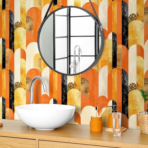 Papier peint géométrique adhésif vinyle rétro orange pour meubles - 6