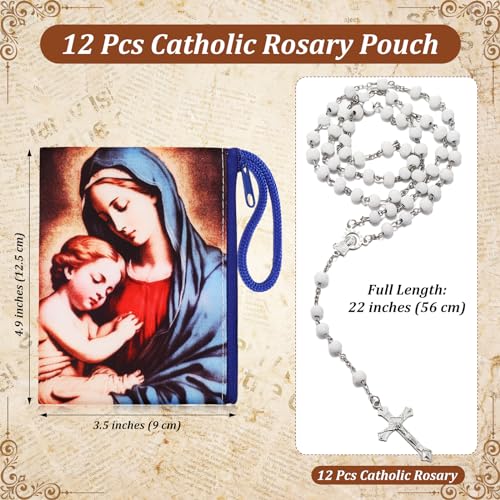 Remuuly 12 Pack Catholic Rosary Pouch With Coin Purse, 4.9'' x 3.5'' Wood Rosary Holder Bag With Zipper, Small Catholic Keepsake Gifts for First Communion Baptism