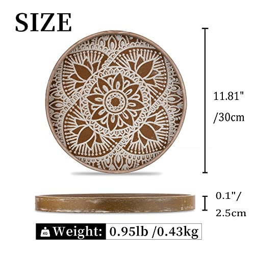 Hanobe Round Wood Decorative Coffee Table Tray: Rustic Boho Washed Centerpiece Serving Tray Farmhouse Decor White For Kitchen Counter, Ottoman, Home #TOP4