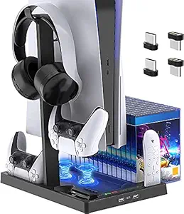 TCOS TECH PS5 Vertical Stand for PS5 Console with Cooling Fan, Controller Charging Station and 15 Game Cards Slots Headset Stand for PS5 Digital Edition & Ultra HD