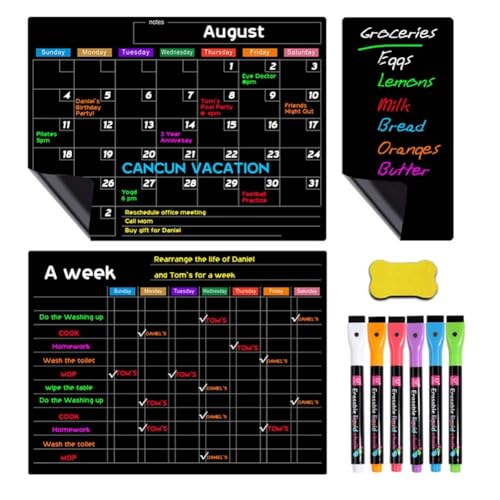 Gettimore Kit de calendario de borrado en seco con 8 marcadores y borrador, 3 pizarras blancas magnéticas para refrigerador, 42 x 30 cm, 30 x 18 cm