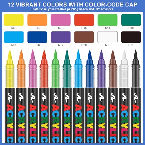Image of Acrylic Paint Markers, Soft Brush Tip Pens and Markers, Acrylic Paint Pens for Wood, Stone, Canvas, Glass, Fabric, Egg, Rock Painting and DIY Craft Art Supplies (12)
