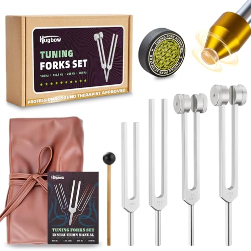 Tuning Forks for Healing, Aluminum Alloy Tuning Fork 128Hz, 136.1Hz, 256Hz, 384Hz, Hockey Puck Activator & Gem feet, Weighted & Unweighted Tuning Fork Set with Vegan Leather Pouch