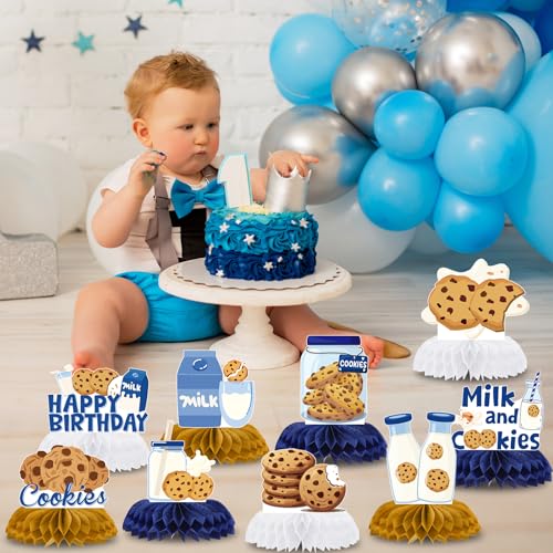 Image of Milk Cookies Birthday Decorations - 9 Pcs Milk and Cookie 1st Birthday Honeycomb Centerpieces, Bule Brown One Sweet Table Toppers Centerpieces, Photo Booth Props for Boys 2nd 3rd Party Decor