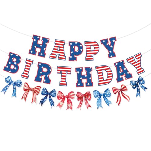 Image of Bow Patriotic Happy Birthday Banner,4th /Fourth of July Decorations, Red White and Blue Independence Day Birthday Garland, Memorial Day Decorations for Indoor Outdoor