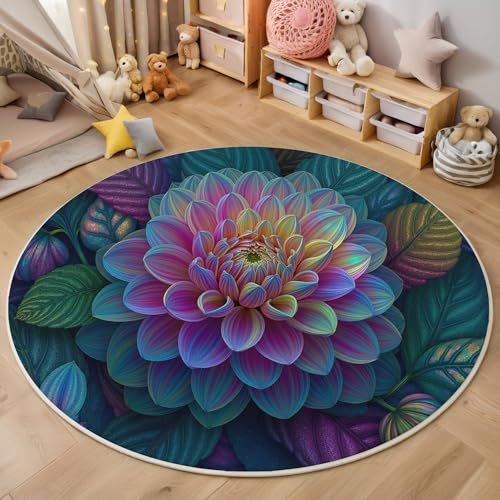 Tapis doux à pile courte rond avec dos anti slip et motif dahlia imprimé - 2
