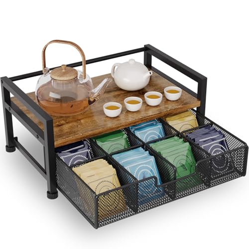 BOKIOVIN Metal Tea Bag Holder Storage Organizer Box with Drawer 8 Compartments Cofee Bar Station Organiser Accessories (Black)