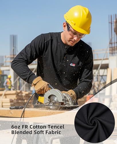 Image of BOCOMAL FR Shirts for Men Long Sleeve EX Soft Flame Resistant Henley CAT2 | NFPA2112 6oz Midweight Cotton Knit Heather Series,Moisture-Wicking /Breathable,Chest Pocket,Rib-Knit Cuffs,Summer Work T Shirt