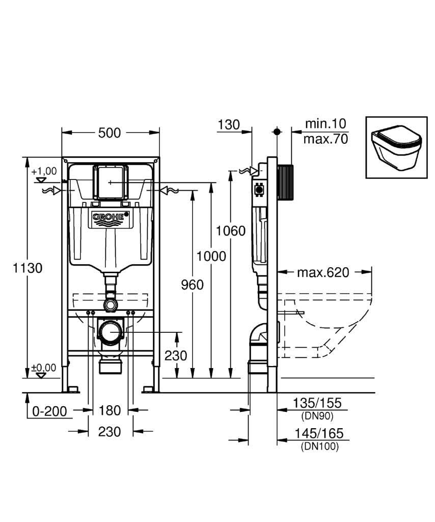 WC Suspendu Pack Complet Accessoires - Pack WC Grohe Bâti-support, WC SAT Infinitio sans bride fixation invisible, Plaque chrome mat, Abattant WC,Cuvette Toilette, Chasse d'eau Wc, Mécanisme