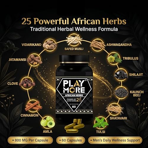 Image of Play More African Herbs Capsules for Men | 25 Ayurvedic Herbs with Ashwagandha, Safed Musli, Shilajit, Kaunch Beej & Tribulus | Men's Daily Wellness Support | 800mg | 60 Capsules