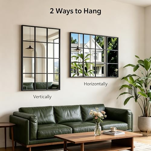 Image of Dewfig Rectangle Wall Mirror, 47 inchx30 inch Metal Frame Windowpane Mirror, Black