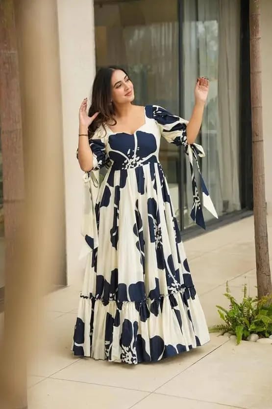 Image of Women Floral Printed Tiered Maxi Dress with Puff Sleeves, Empire Waist, Tie-Up Detail, Flared Long Dress for Casual Wear, Summer Outings, Vacation & Resort Wear - Causal Gown for Women