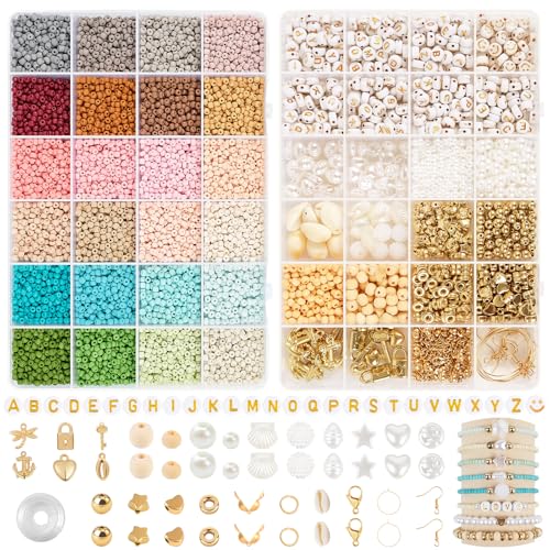 RUBY 3mm Perlen für Armbänder, 24 Bunte Morandi Glasperlen zum Auffädeln, Mini Perlenset Charm Kit mit Holzperlen, Perlen zum Auffädeln für Weihnachten DIY Bracelet Making Kit, Partys, Feiertage